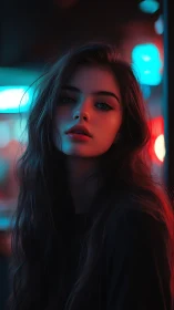 Neon-lit portrait captures moody gaze in cinematic color.