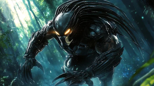 Predatory alien hunter stalks boldly through a glowing jungle