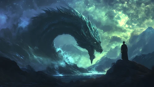 Colossal ethereal dragon confronting lone robed figure at night