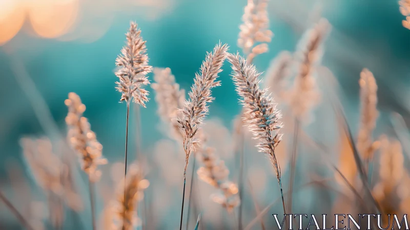 Soft meadow spires glowing in teal and apricot dusk haze.