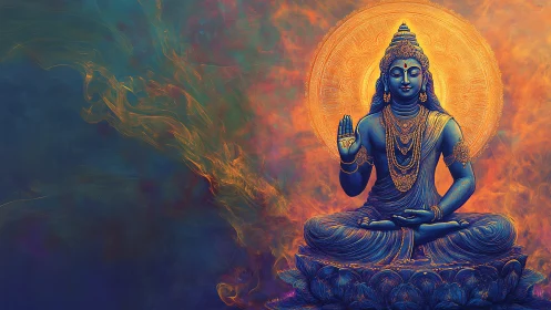 Radiant blue deity sits in serene meditation and gentle blessing