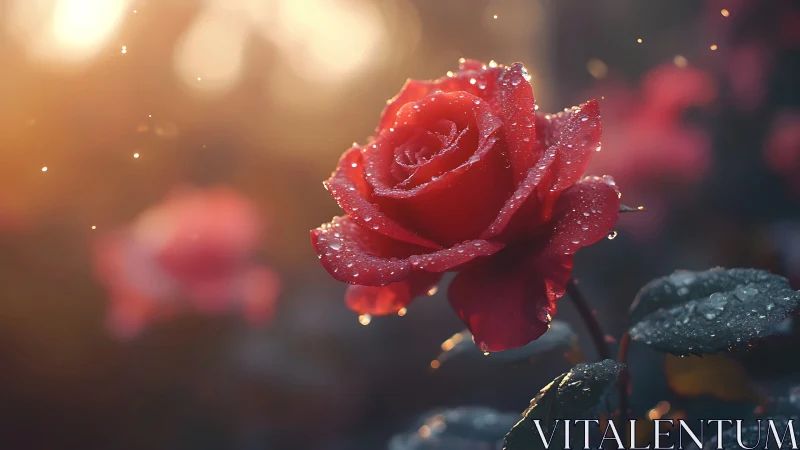 Red Rose in Dewdrops. Glowing Beauty.