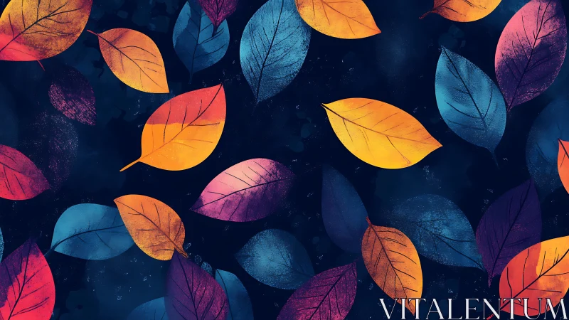 Vibrant multicolored leaf pattern floats on deep indigo field