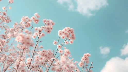 Delicate pink flower clusters against turquoise sky with bokeh diffusion