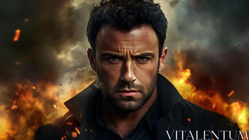 Brooding action hero amid cinematic flames and smoke.