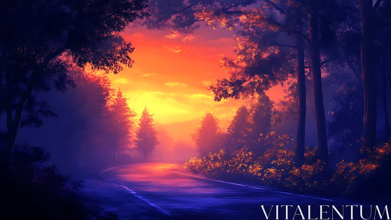 Sunset fire paints a dreamlike forest road in violet dusk.