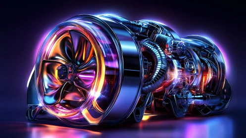 Futuristic Jet Engine Render with Neon Lighting and Metallic Finish.
