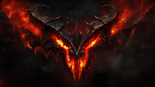 Demonic molten emblem burns through cracked black armor