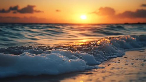 Shoreline foam catching sunset light on rolling waves.