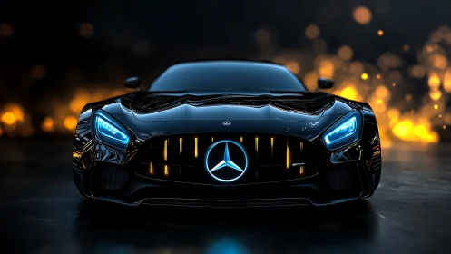 Midnight performance car glows boldly against golden lights