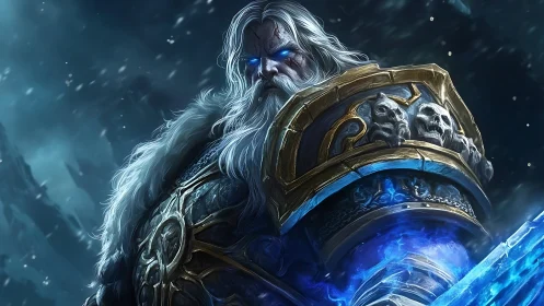 Armored white-haired warrior with glowing blue eyes in snow.