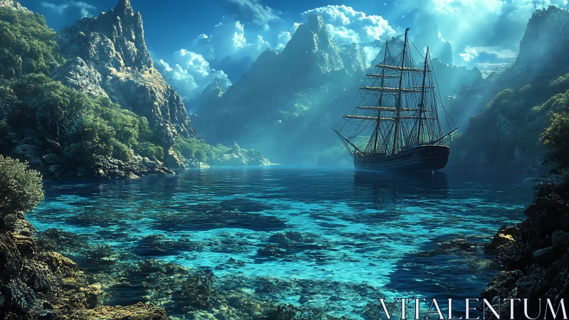 Sunlit sailing ship drifts calmly through a crystal cove