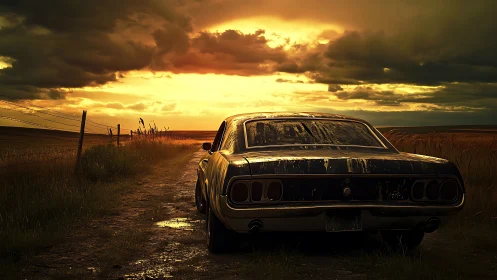 Weathered muscle car resting under a thunderous sunset sky.