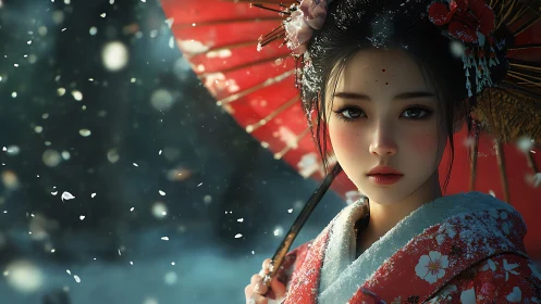 Snow-kissed kimono gaze beneath a crimson paper sky.