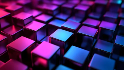 Neon chrome cubes form luminous geometric abstract grid.