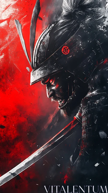 Bloodlit samurai profile amid fractured red stormscape.