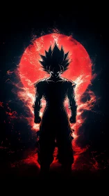 Silhouetted spiky-haired fighter stands before red energy disk