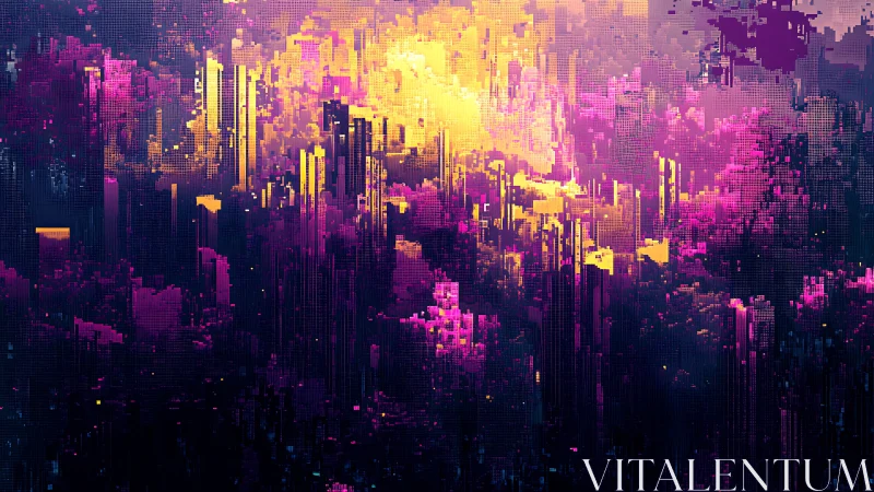 Neon Pixel Skyline Rising Beneath a Glitched Digital Dawn.