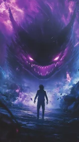 Silhouetted warrior confronts vast glowing purple demon.