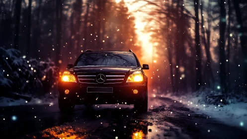 Cinematic SUV frontal night drive in snowy forest corridor.