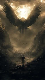 Silhouetted wanderer confronts colossal angelic light portal