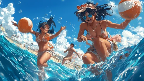 Friends playing with beach balls in bright blue surf.