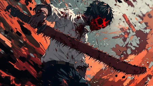 Chainsaw warrior carves through chaos in a crimson storm