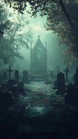 Gothic mausoleum rises through mist in overgrown cemetery
