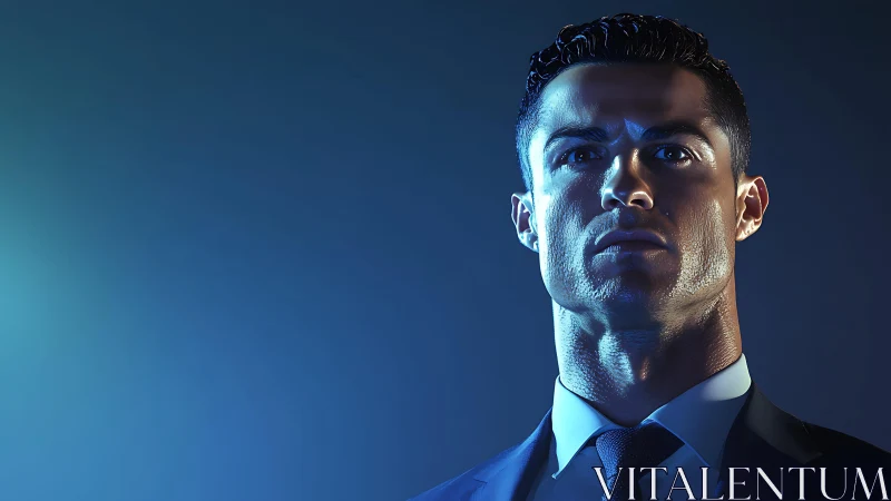 Photorealistic blue-lit corporate portrait with dramatic gradients.