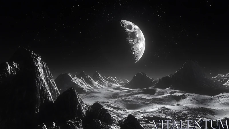 Monochrome lunar-style landscape under a distant moon.