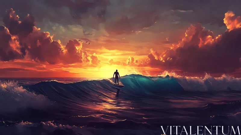 Solitary surfer rides glowing wave under blazing sunset sky