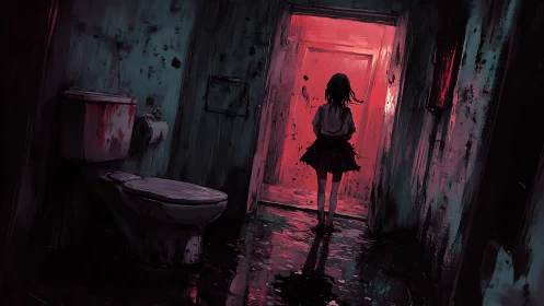 Crimson doorway lures a lone girl through a rotting corridor