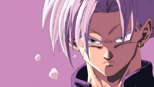 Purple haired anime warrior in intense close up portrait.