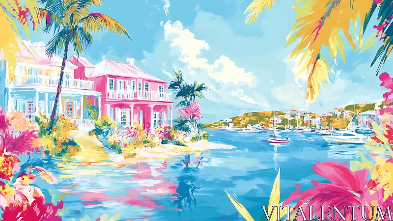 Colorful tropical harbor with villas and anchored boats.