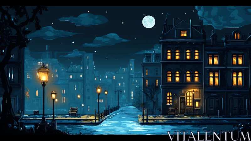 Nocturnal riverside street glows under moonlit urban skyline