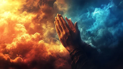 Chromatic prayer hands amid bifurcated atmospheric nebulae.