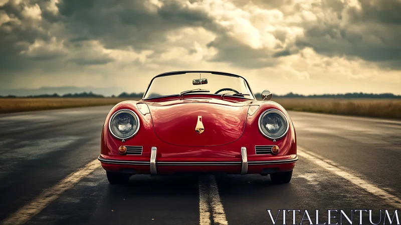 Red vintage convertible stands centered on empty rural road
