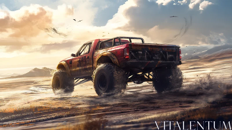 Sunlit desert truck kicking up dust and quiet adventure.