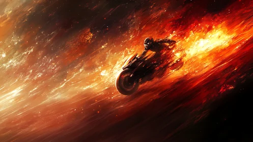 Motorcyclist carving through inferno-streaked cosmic flames.
