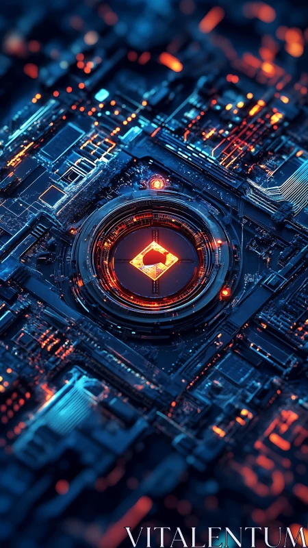 Glowing cybernetic processor core anchors neon circuitry grid