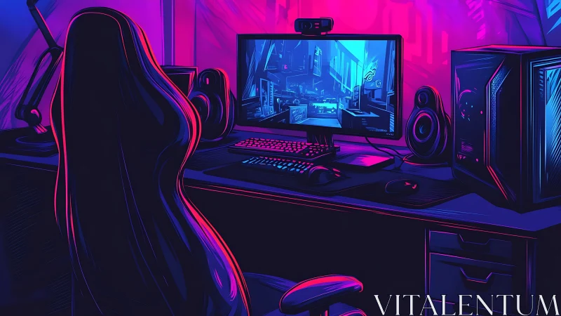 Neon-lit command chair waits quietly before the cyber arena