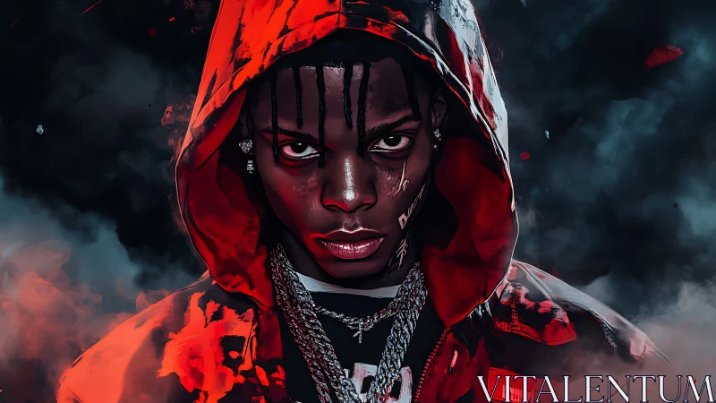 Intense hooded figure in red jacket with dark smoky backdrop.