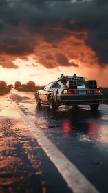 Retro time-machine car on wet highway under storm sky.