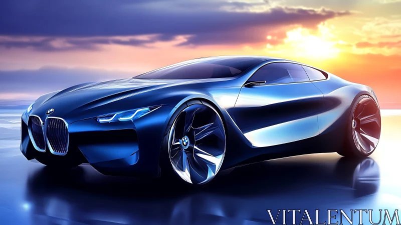 BMW concept coupe rendered against reflective sunset surface.