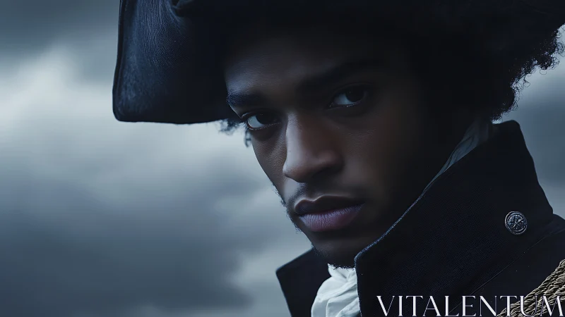 Storm-lit naval portrait isolates focused gaze and textured uniform