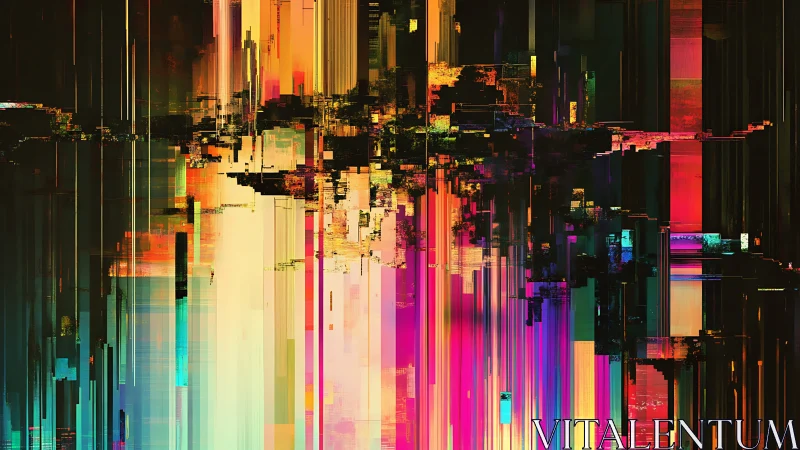 Glitch city skyline stretches in neon vertical color fields.