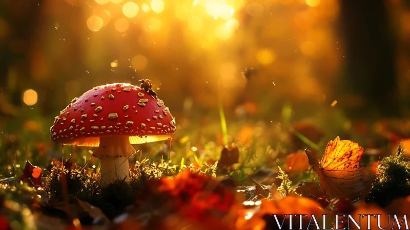 Sunlit toadstool glows in a golden autumn forest dream.