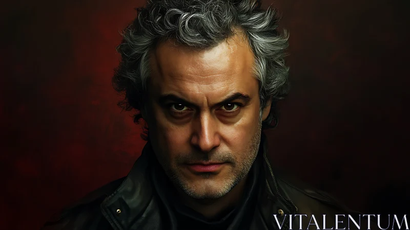 Intense middle aged man stares forward in moody lighting