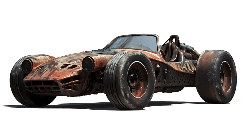 Rusted futuristic race car with oversized rear wheels.