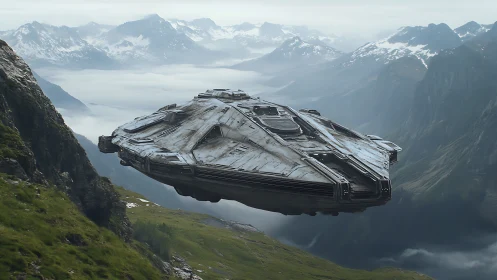 Starship skims alpine valley with cinematic atmospheric lighting.